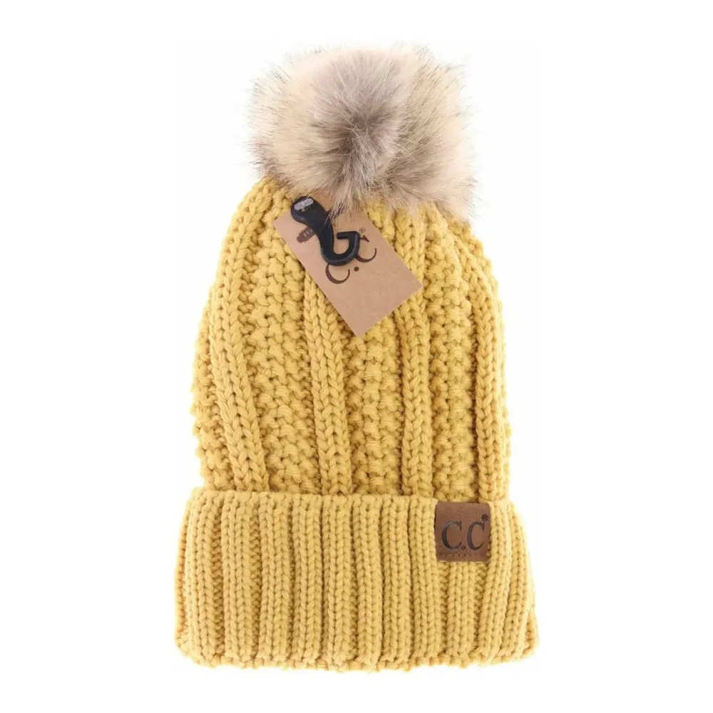 C.C Beanie Honey Mustard Knit Fuzzy Lined Brown Faux Fur Pom